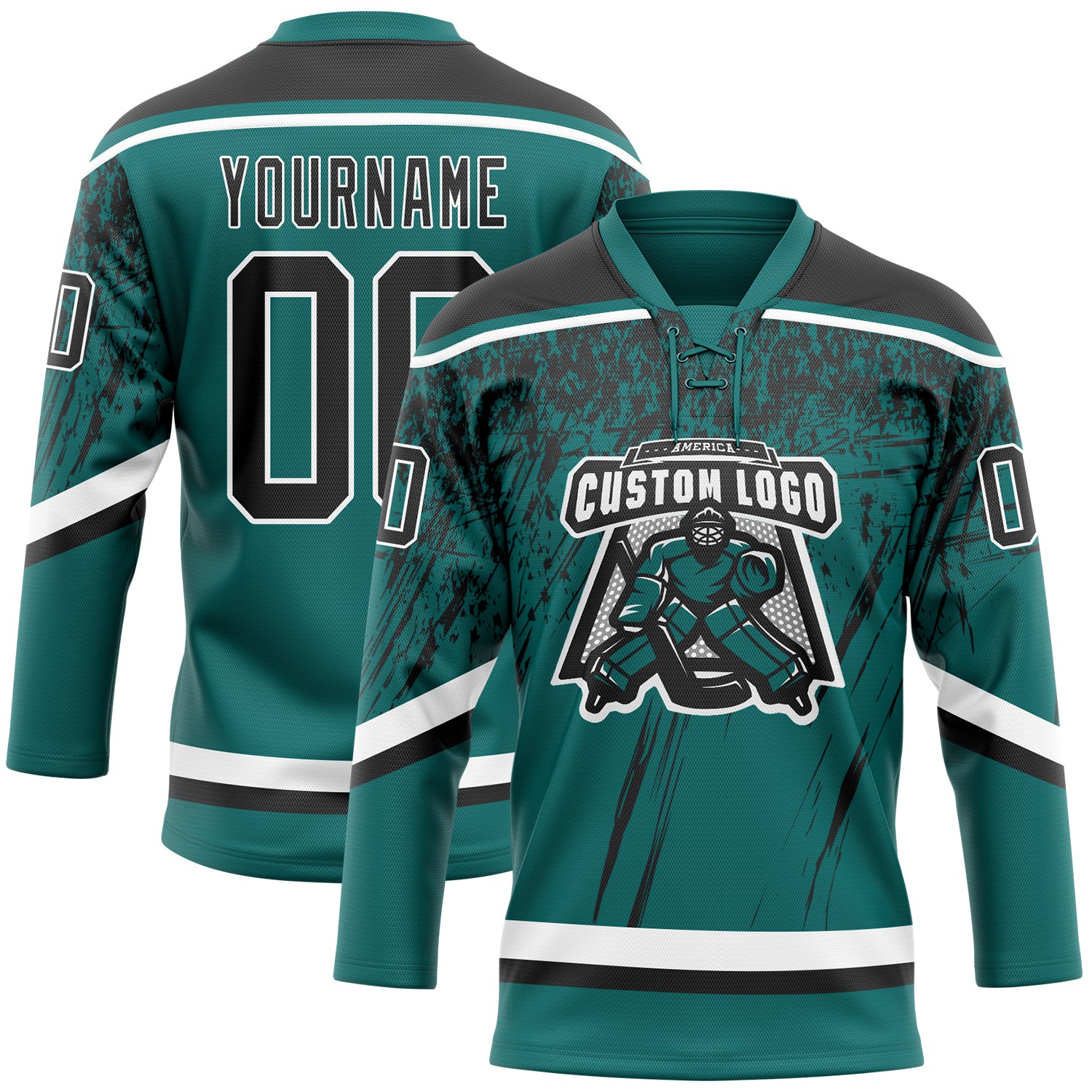 Custom Teal Black-White 3D Splash Hockey Lace Neck Jersey