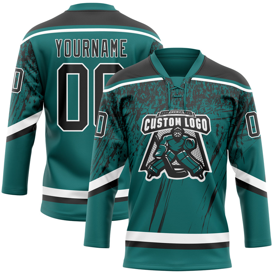 Custom Teal Black-White 3D Splash Hockey Lace Neck Jersey