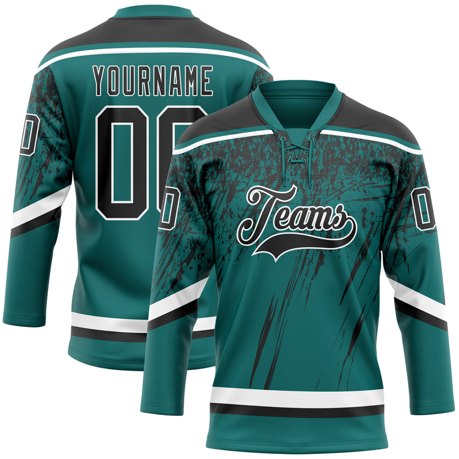 Custom Teal Black-White 3D Splash Hockey Lace Neck Jersey