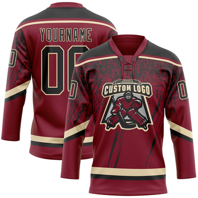 Custom Crimson Black-Cream 3D Splash Hockey Lace Neck Jersey