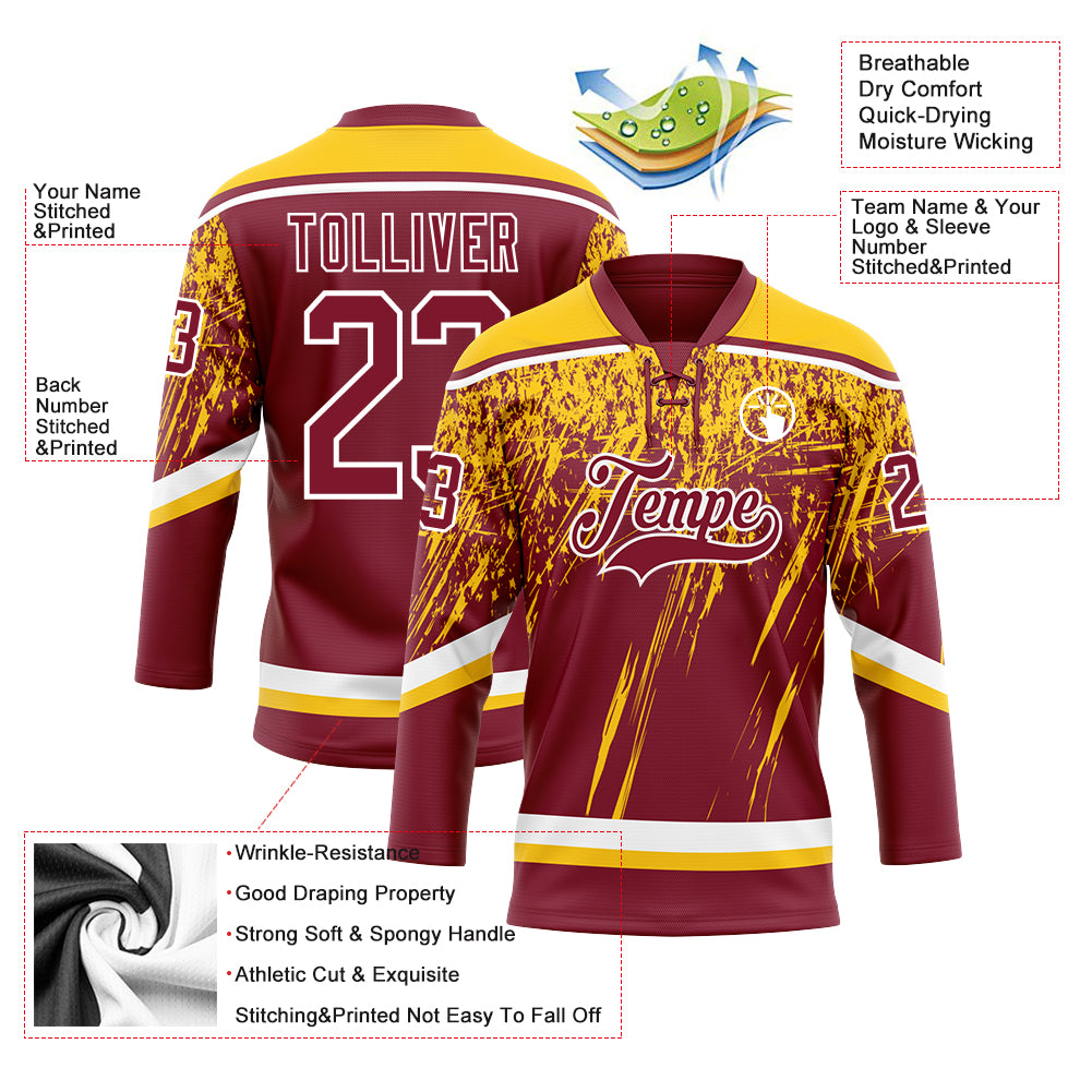 Custom Crimson Yellow-White 3D Splash Hockey Lace Neck Jersey