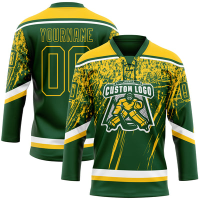 Custom Green Yellow-White 3D Splash Hockey Lace Neck Jersey