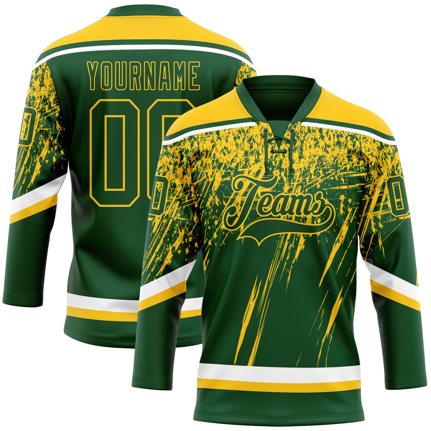 Custom Green Yellow-White 3D Splash Hockey Lace Neck Jersey