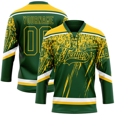Custom Green Yellow-White 3D Splash Hockey Lace Neck Jersey