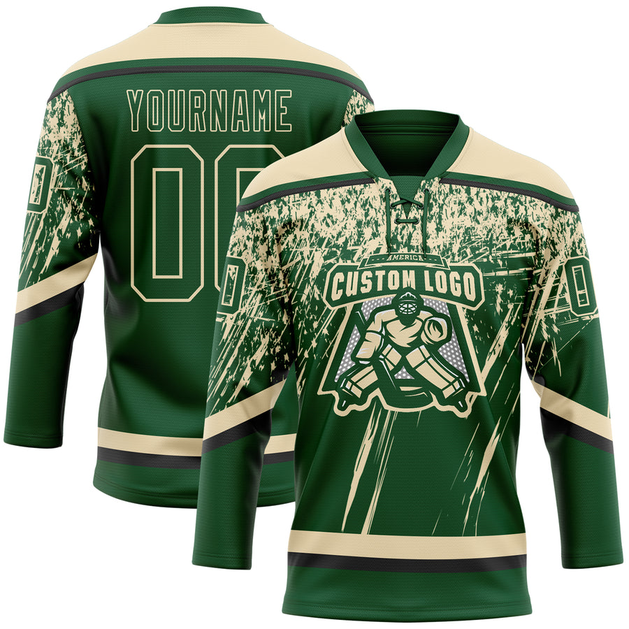 Custom Green Cream-Black 3D Splash Hockey Lace Neck Jersey