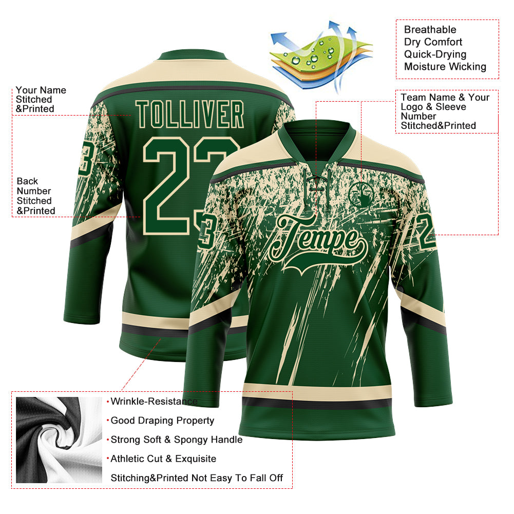 Custom Green Cream-Black 3D Splash Hockey Lace Neck Jersey