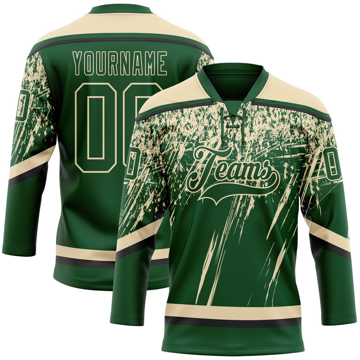 Custom Green Cream-Black 3D Splash Hockey Lace Neck Jersey