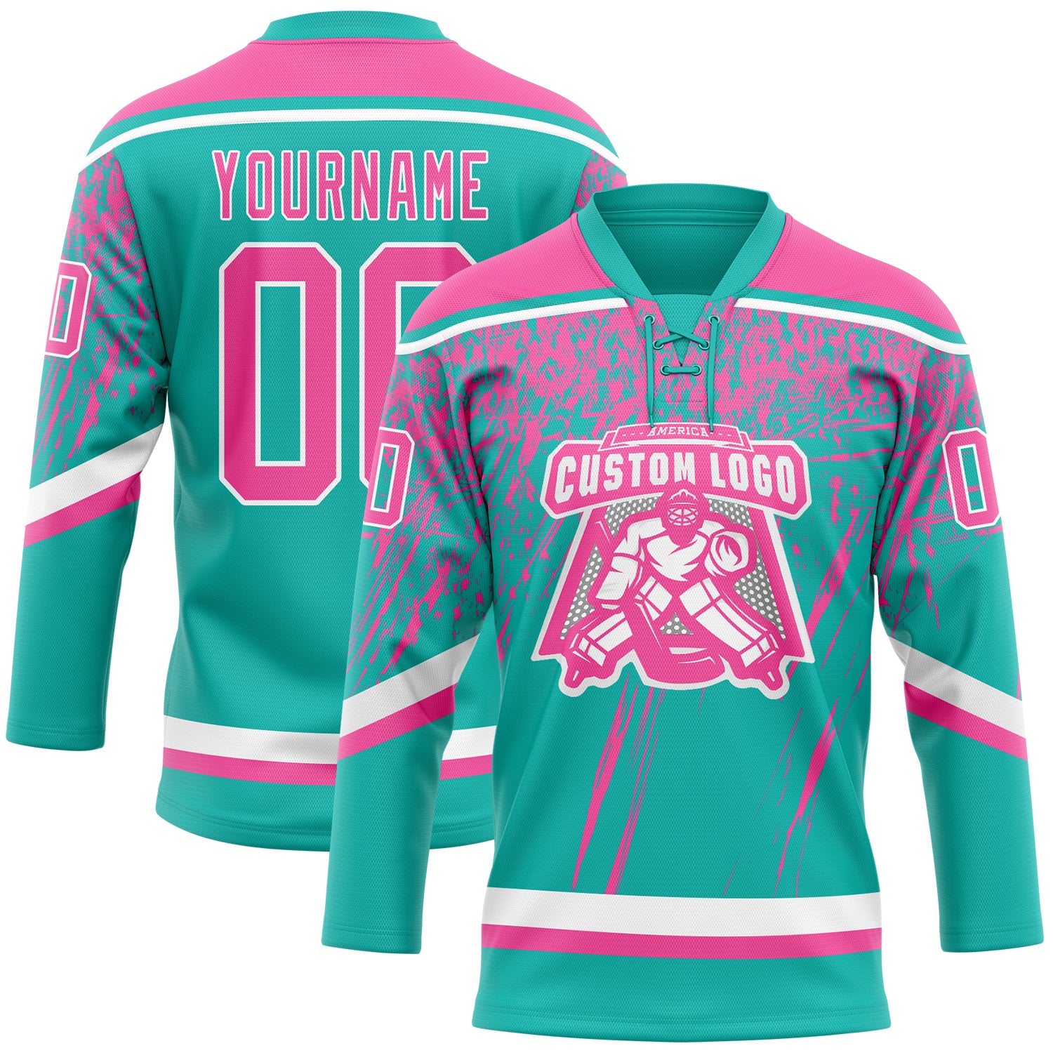 Custom Aqua Pink-White 3D Splash Hockey Lace Neck Jersey
