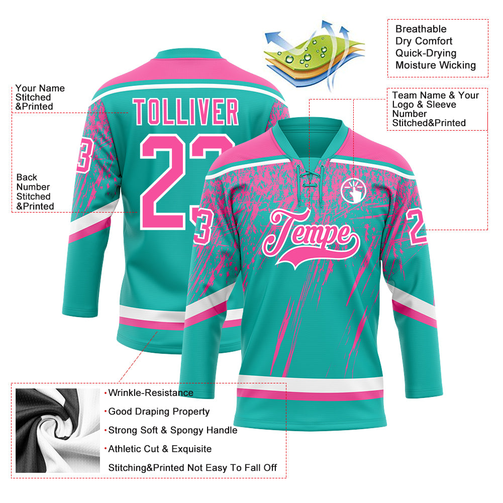 Custom Aqua Pink-White 3D Splash Hockey Lace Neck Jersey