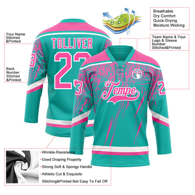 Custom Aqua Pink-White 3D Splash Hockey Lace Neck Jersey