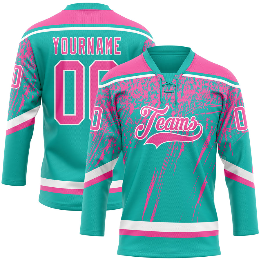 Custom Aqua Pink-White 3D Splash Hockey Lace Neck Jersey