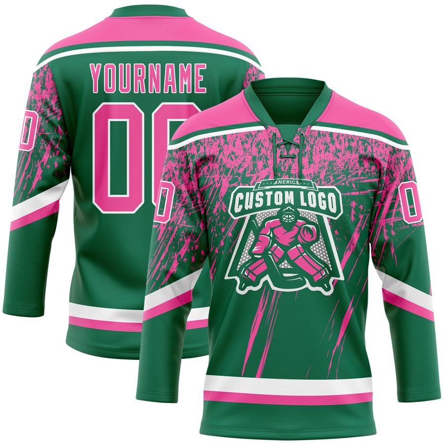 Custom Kelly Green Pink-White 3D Splash Hockey Lace Neck Jersey