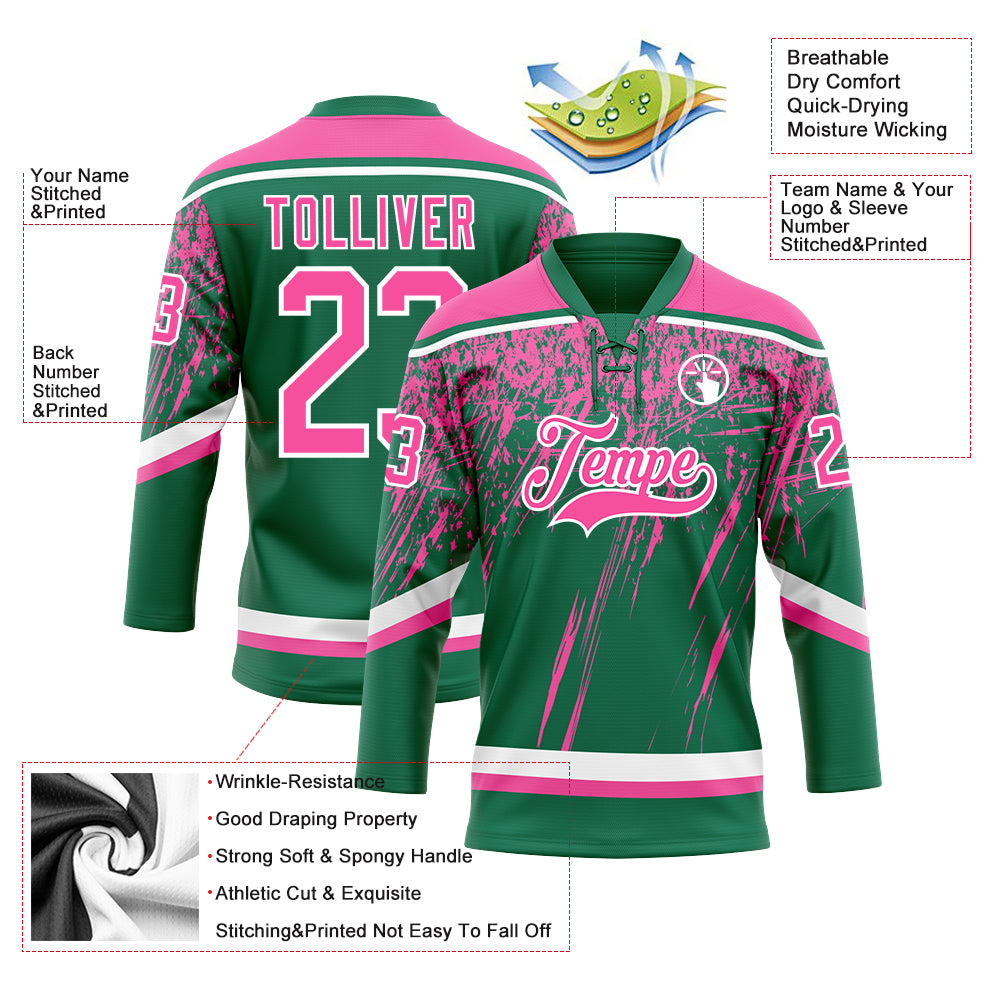 Custom Kelly Green Pink-White 3D Splash Hockey Lace Neck Jersey