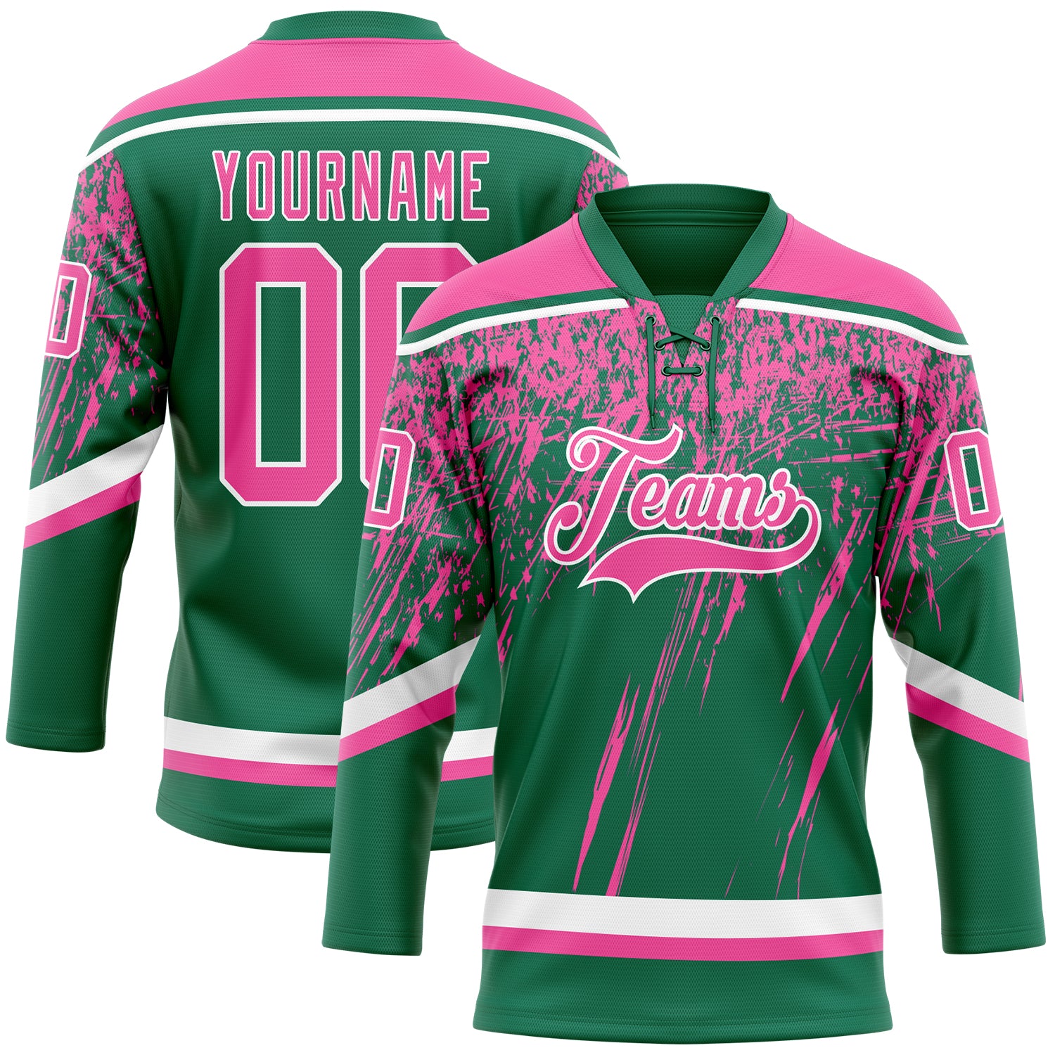 Custom Kelly Green Pink-White 3D Splash Hockey Lace Neck Jersey