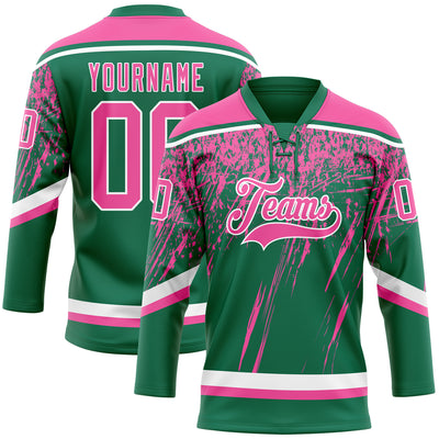 Custom Kelly Green Pink-White 3D Splash Hockey Lace Neck Jersey