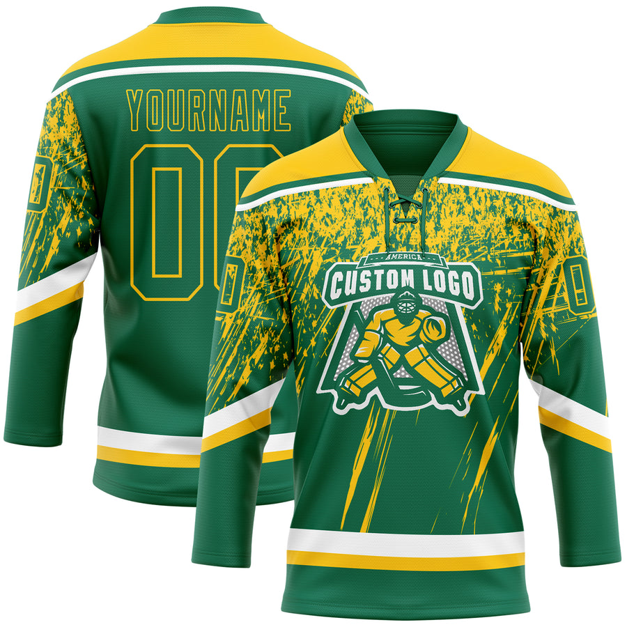 Custom Kelly Green Yellow-White 3D Splash Hockey Lace Neck Jersey
