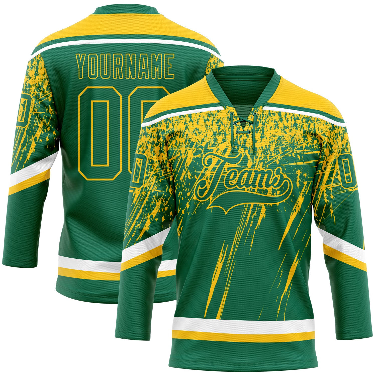 Custom Kelly Green Yellow-White 3D Splash Hockey Lace Neck Jersey
