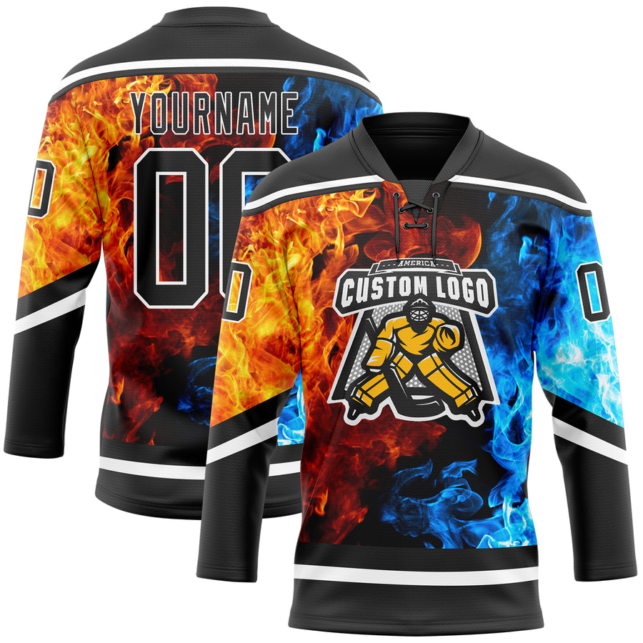 Custom Black White 3D Flame Hockey Lace Neck Jersey