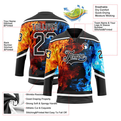 Custom Black White 3D Flame Hockey Lace Neck Jersey