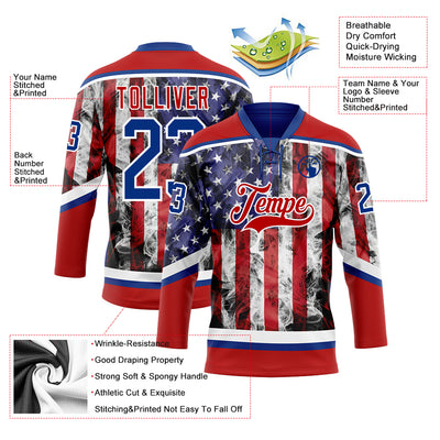 Custom Red Royal-White 3D American Flag Hockey Lace Neck Jersey