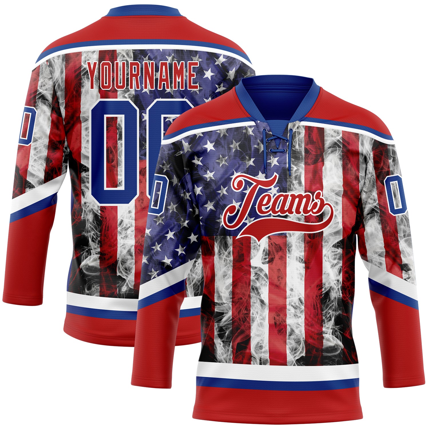 Custom Red Royal-White 3D American Flag Hockey Lace Neck Jersey