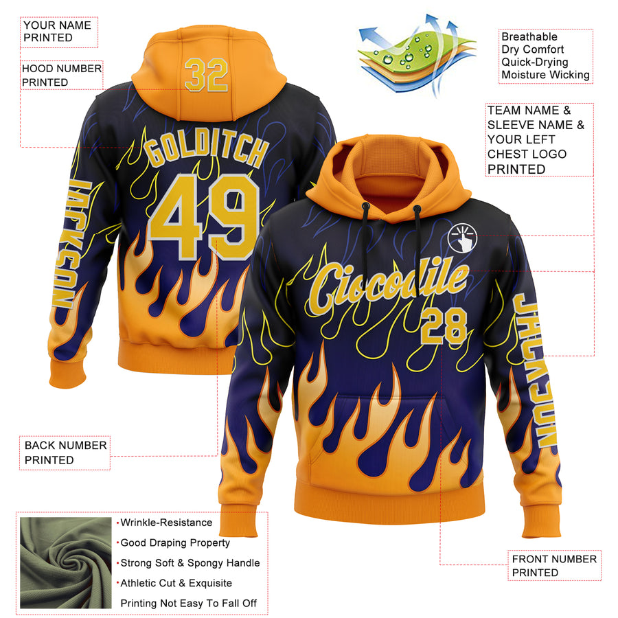 Custom Blue Yellow-White 3D Abstract Flame Sports Pullover Sweatshirt Hoodie