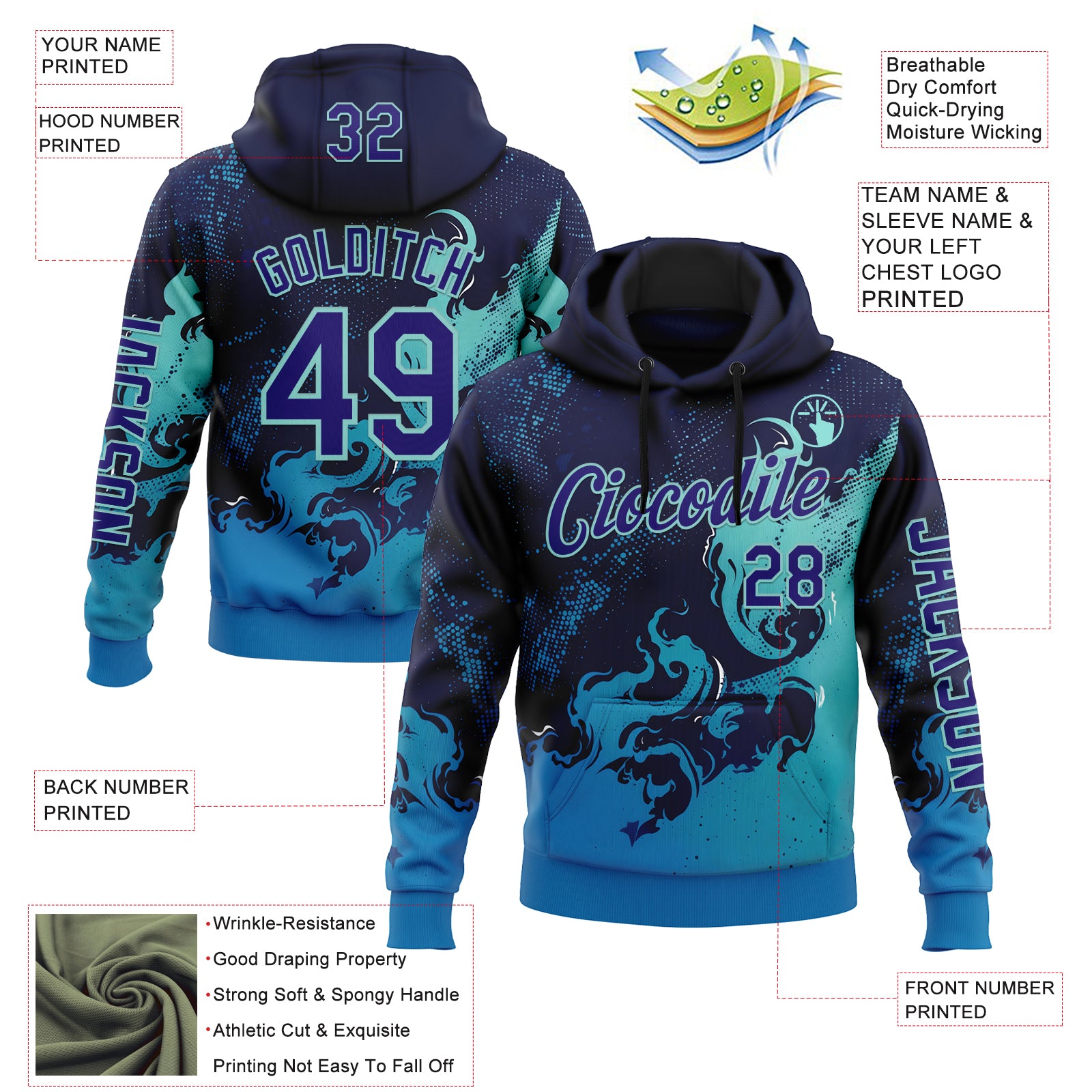 Custom Blue Dark Purple-Ice Blue 3D Abstract Flame Sports Pullover Sweatshirt Hoodie