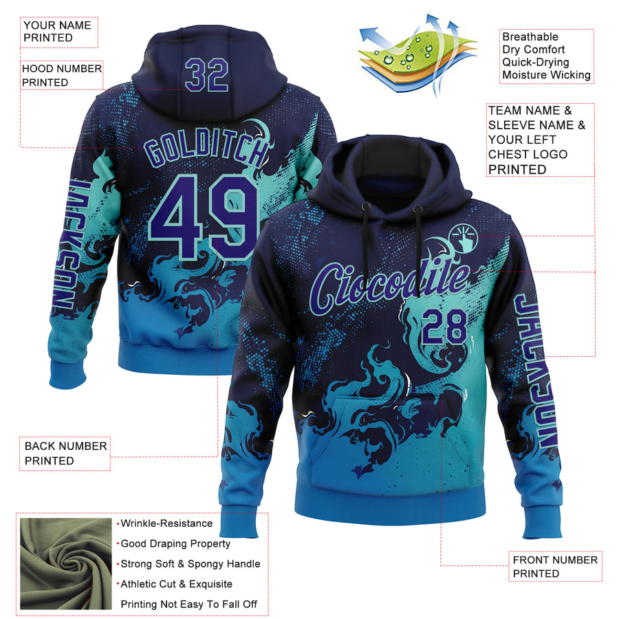 Custom Blue Dark Purple-Ice Blue 3D Abstract Flame Sports Pullover Sweatshirt Hoodie