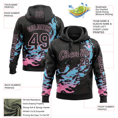 Custom Black Blue-Light Pink 3D Abstract Flame Sports Pullover Sweatshirt Hoodie