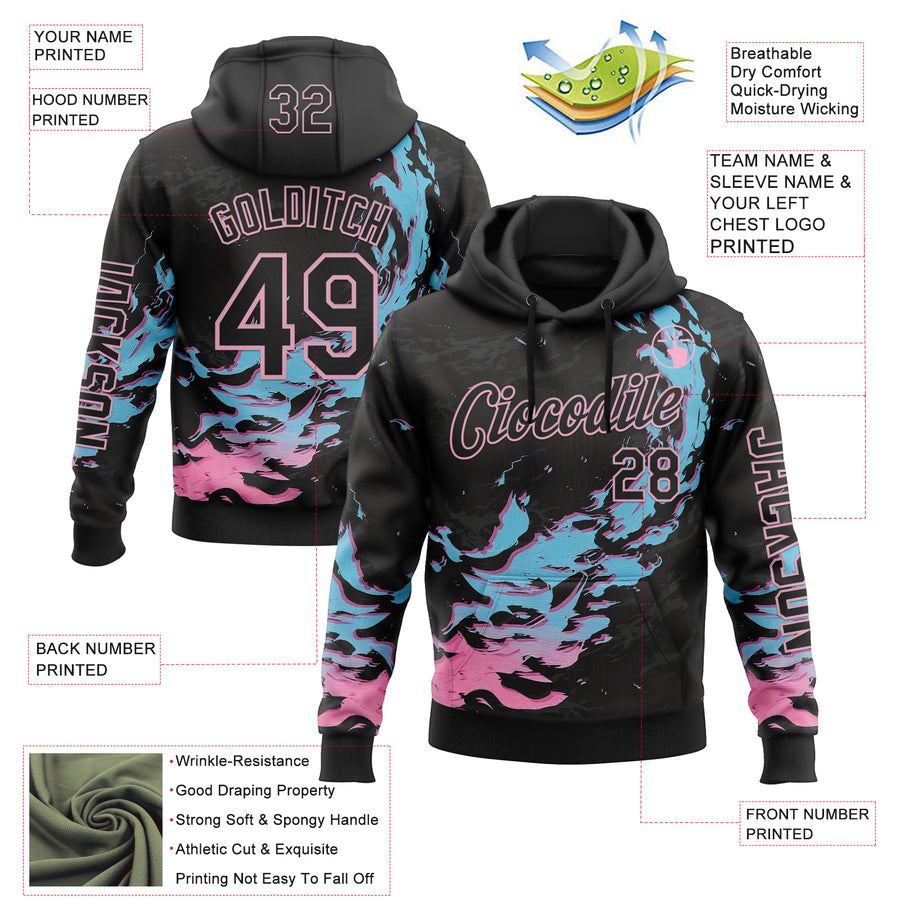 Custom Black Blue-Light Pink 3D Abstract Flame Sports Pullover Sweatshirt Hoodie