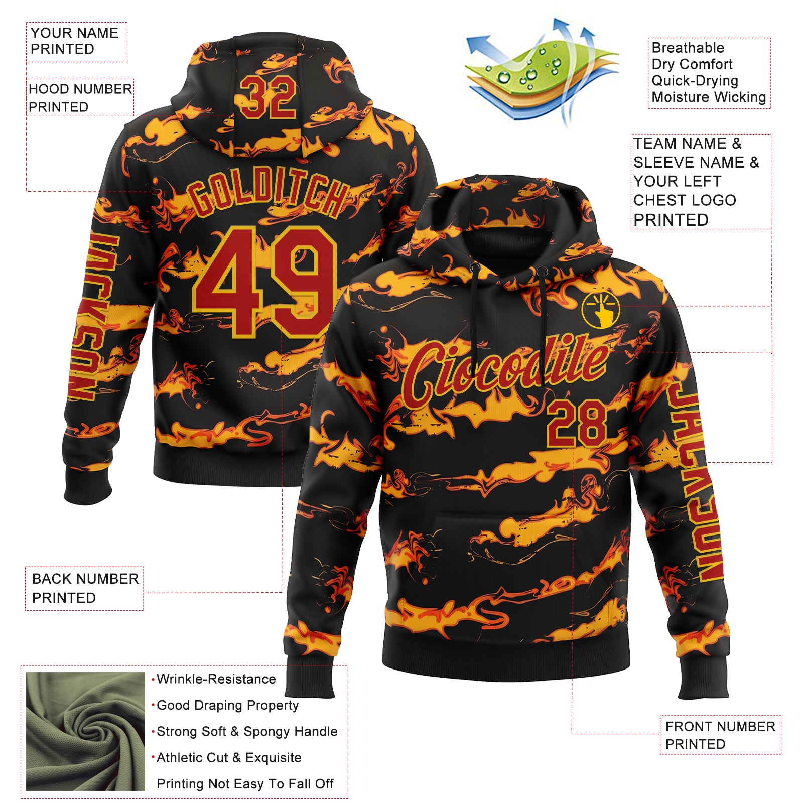 Custom Black Red-Yellow 3D Abstract Flame Sports Pullover Sweatshirt Hoodie