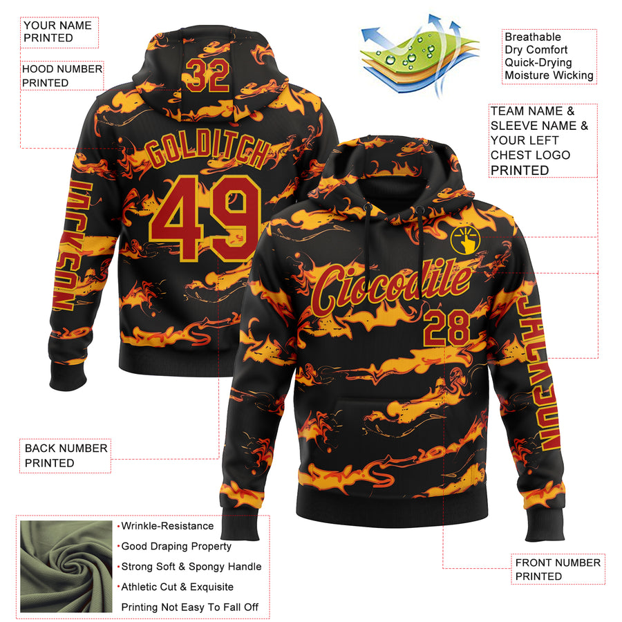 Custom Black Red-Yellow 3D Abstract Flame Sports Pullover Sweatshirt Hoodie