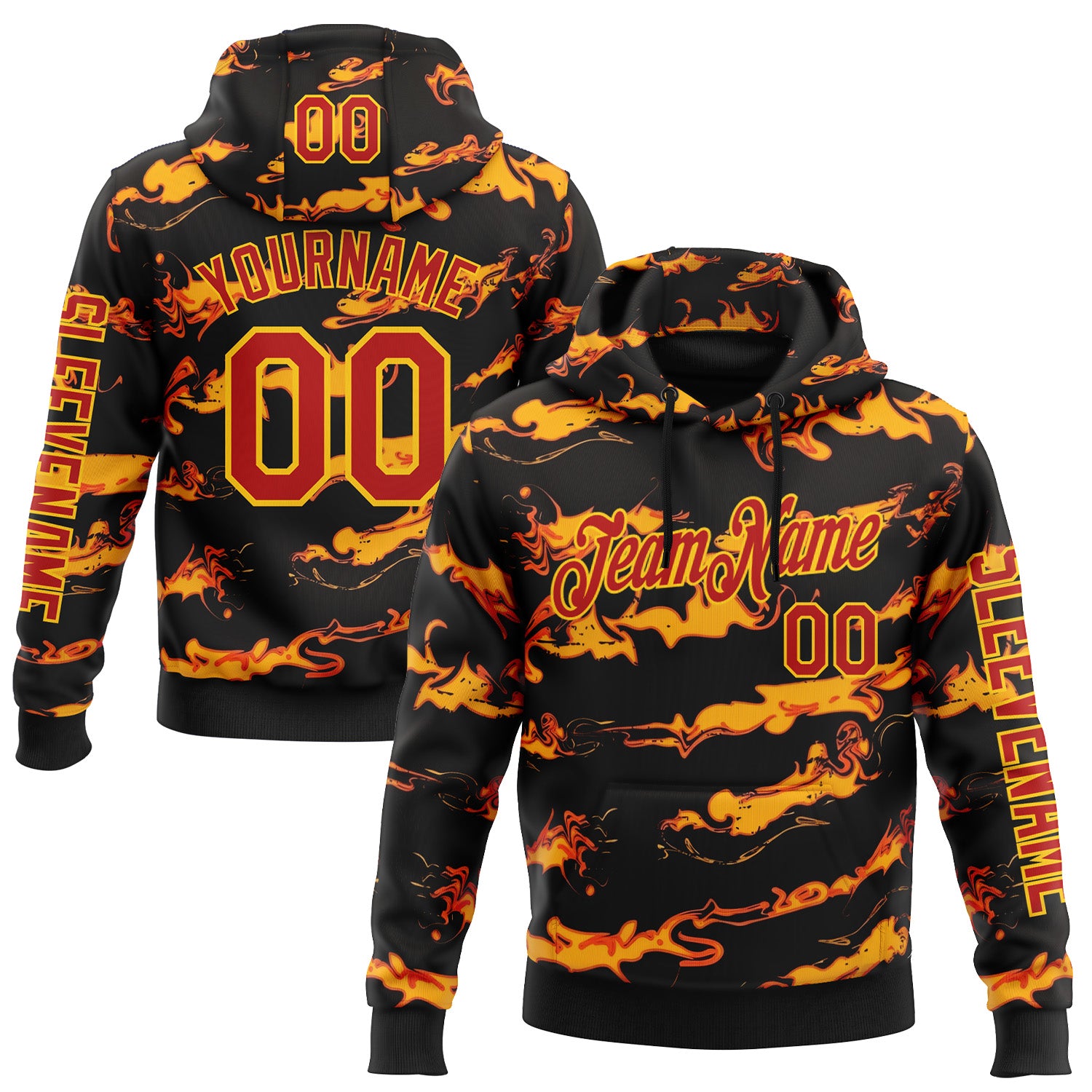 Custom Black Red-Yellow 3D Abstract Flame Sports Pullover Sweatshirt Hoodie