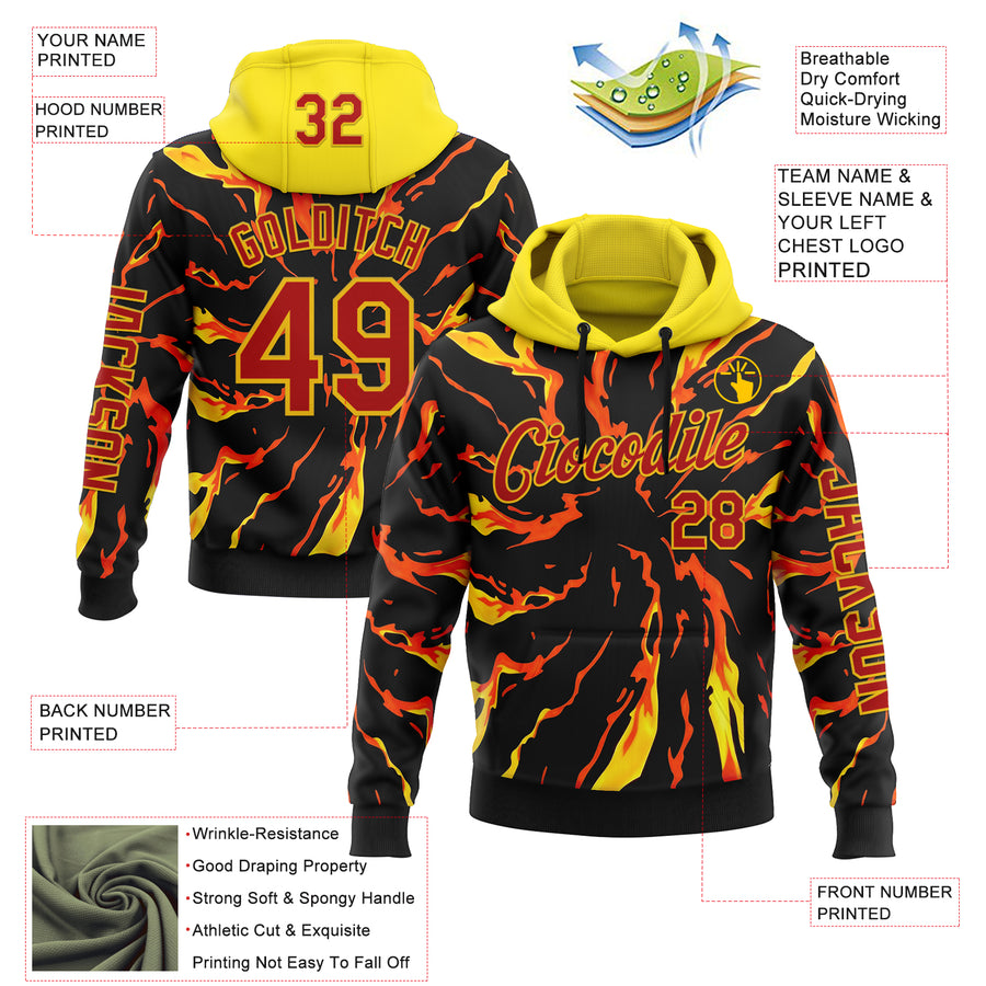 Custom Black Red-Yellow 3D Abstract Flame Sports Pullover Sweatshirt Hoodie