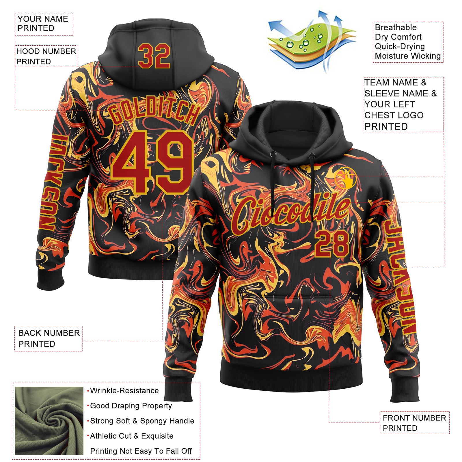 Custom Black Red-Yellow 3D Abstract Flame Sports Pullover Sweatshirt Hoodie