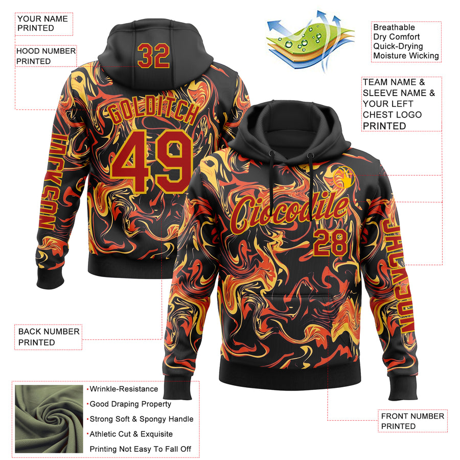 Custom Black Red-Yellow 3D Abstract Flame Sports Pullover Sweatshirt Hoodie