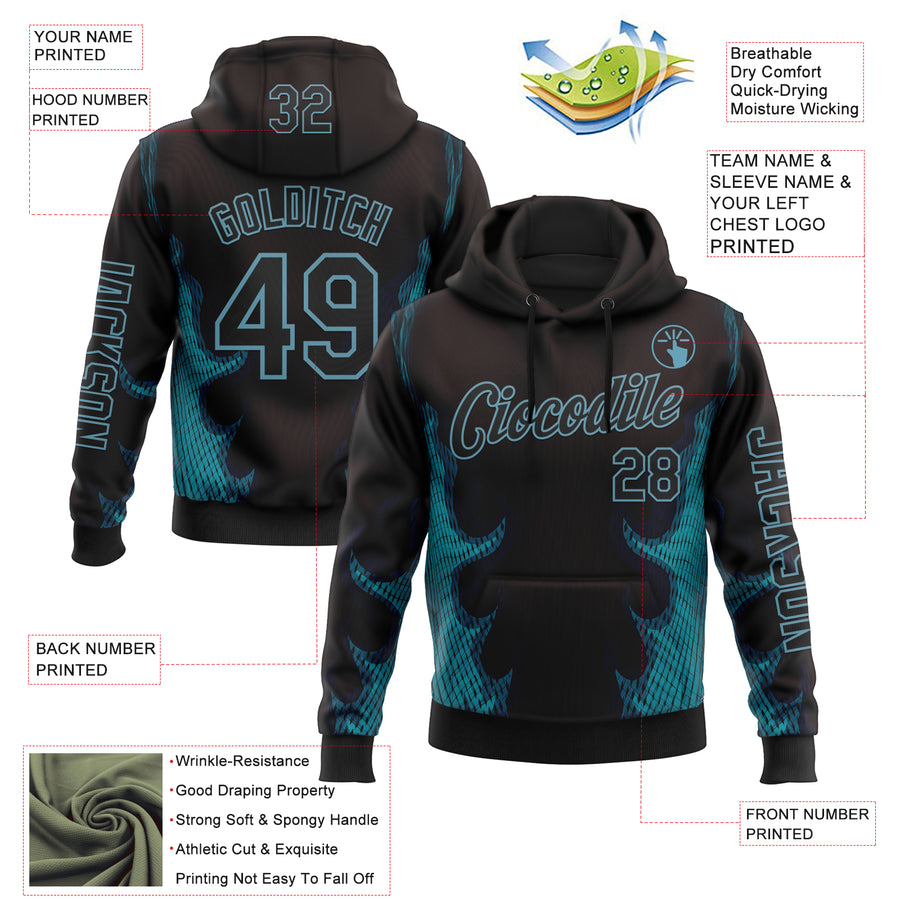 Custom Black Shadow Blue 3D Abstract Flame Sports Pullover Sweatshirt Hoodie