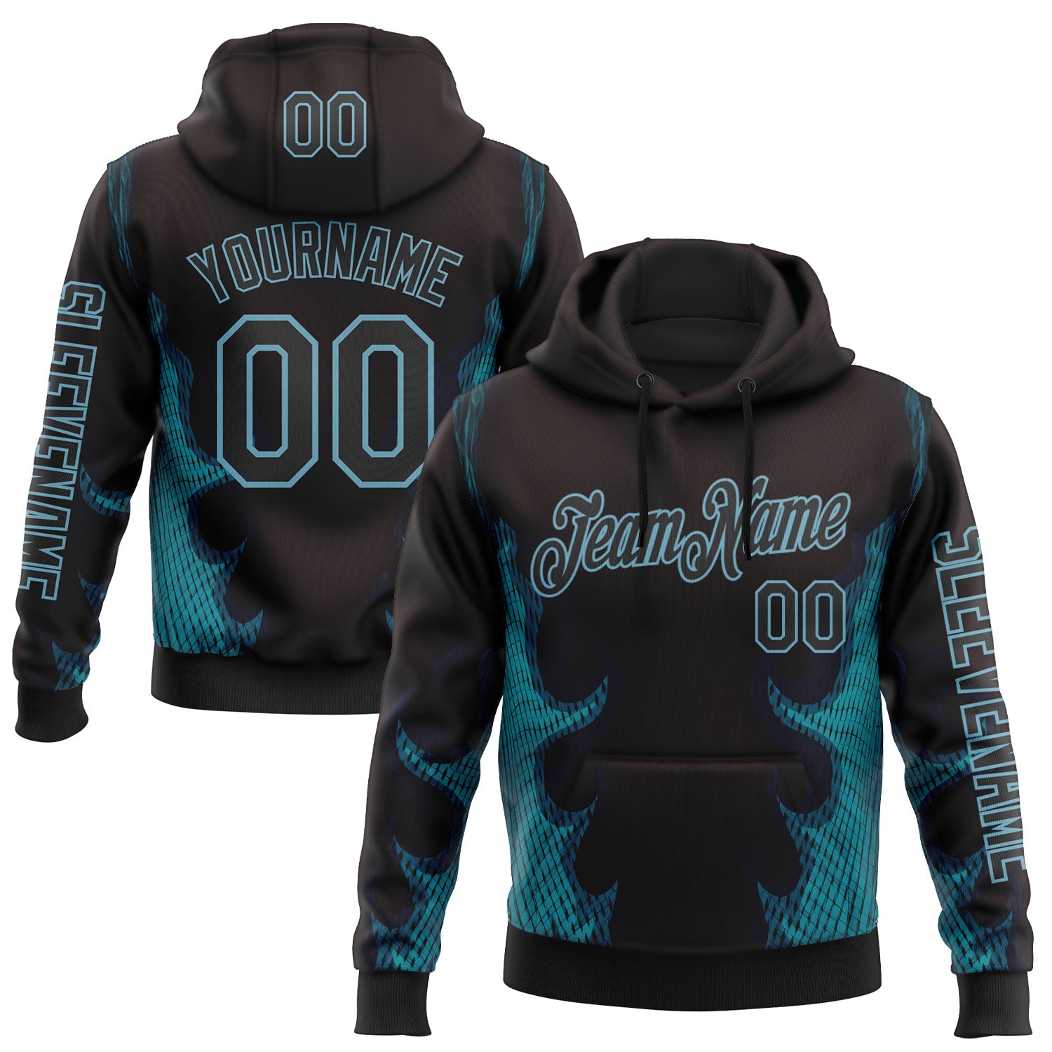 Custom Black Shadow Blue 3D Abstract Flame Sports Pullover Sweatshirt Hoodie