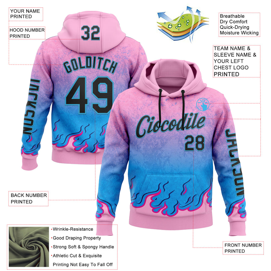 Custom Pink Black-Sky Blue 3D Abstract Flame Sports Pullover Sweatshirt Hoodie
