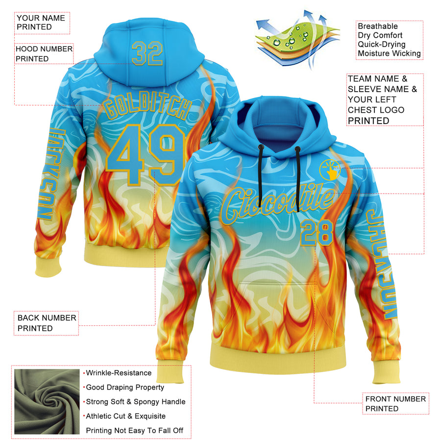 Custom Blue Sky Blue-Yellow 3D Abstract Flame Sports Pullover Sweatshirt Hoodie