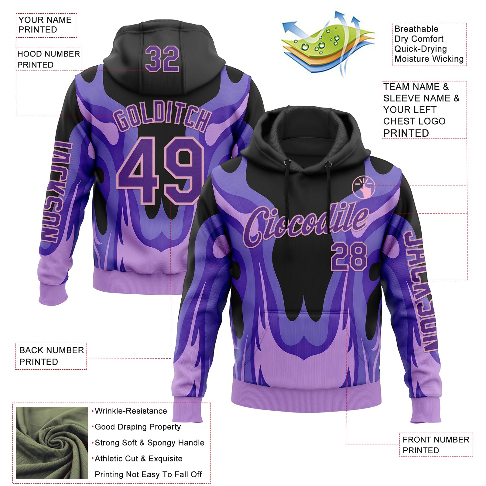 Custom Black Purple-Light Pink 3D Abstract Flame Sports Pullover Sweatshirt Hoodie