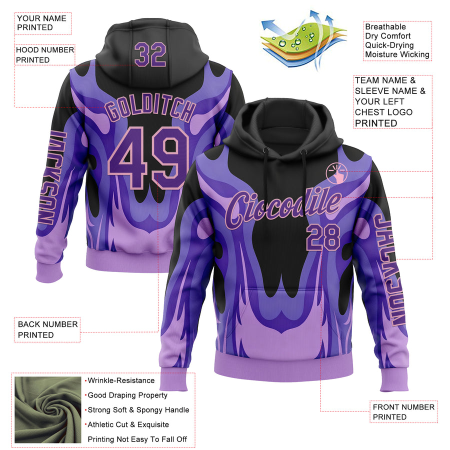 Custom Black Purple-Light Pink 3D Abstract Flame Sports Pullover Sweatshirt Hoodie