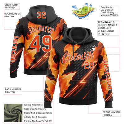 Custom Black Orange-White 3D Abstract Flame Sports Pullover Sweatshirt Hoodie