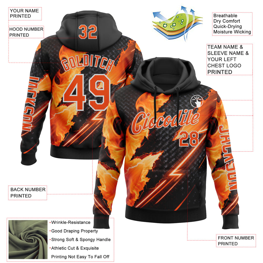 Custom Black Orange-White 3D Abstract Flame Sports Pullover Sweatshirt Hoodie