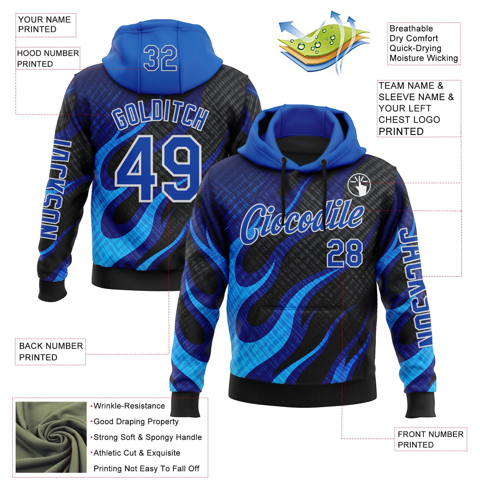 Custom Black Thunder Blue-White 3D Abstract Flame Sports Pullover Sweatshirt Hoodie