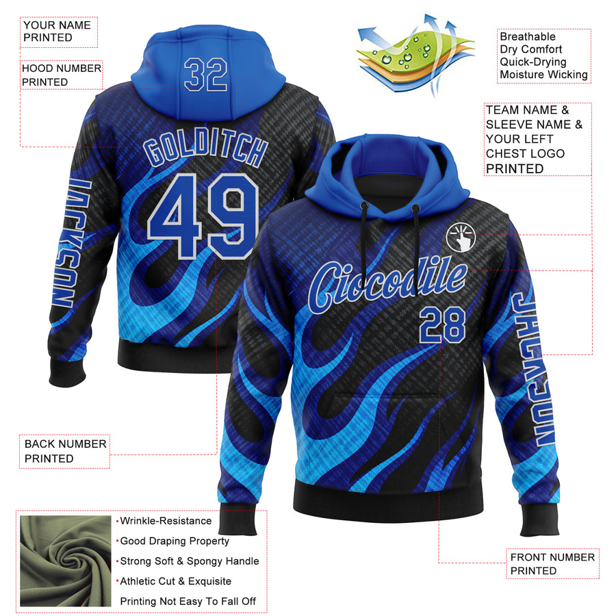 Custom Black Thunder Blue-White 3D Abstract Flame Sports Pullover Sweatshirt Hoodie