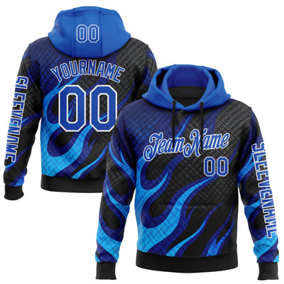 Custom Black Thunder Blue-White 3D Abstract Flame Sports Pullover Sweatshirt Hoodie