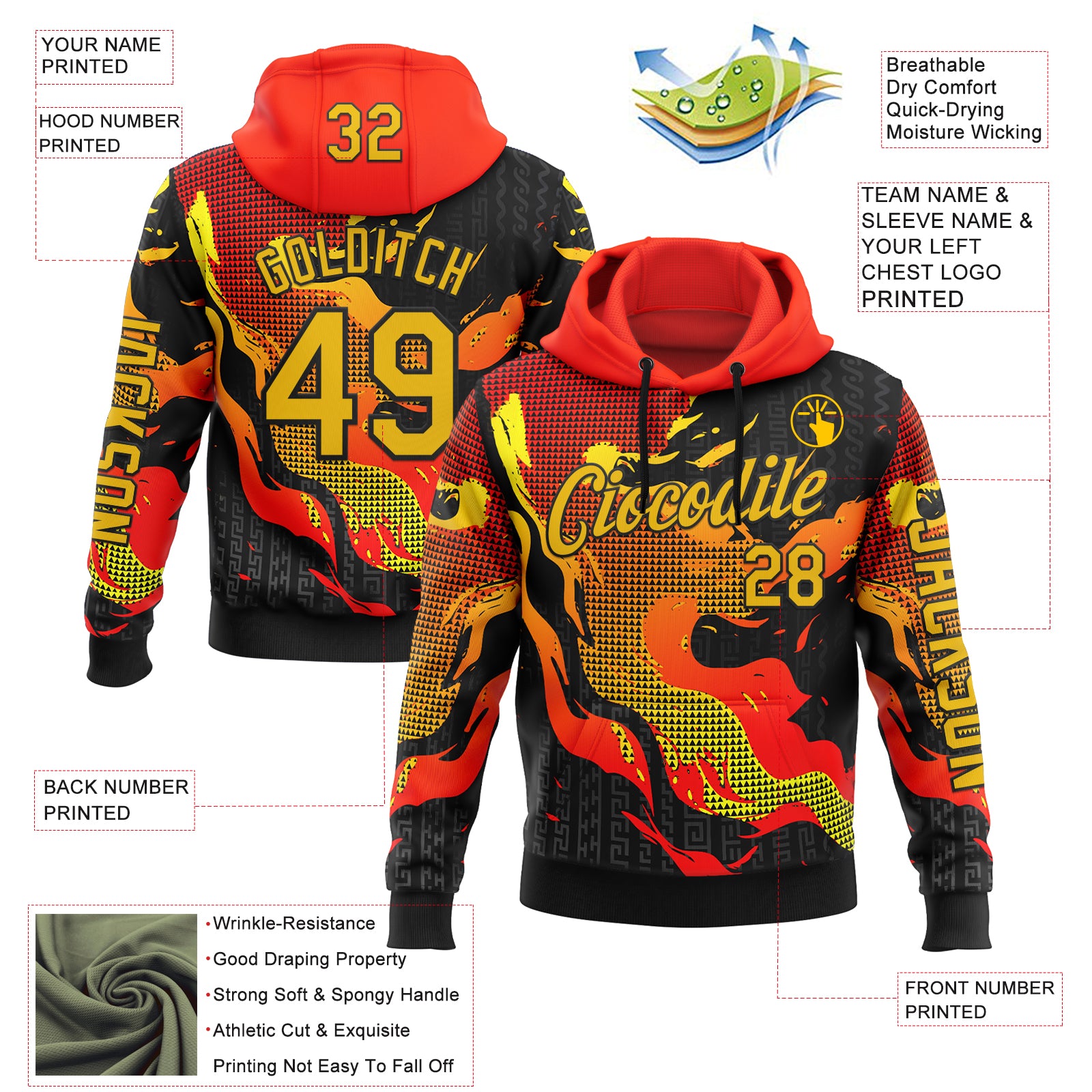 Custom Red Yellow-Black 3D Abstract Flame Sports Pullover Sweatshirt Hoodie