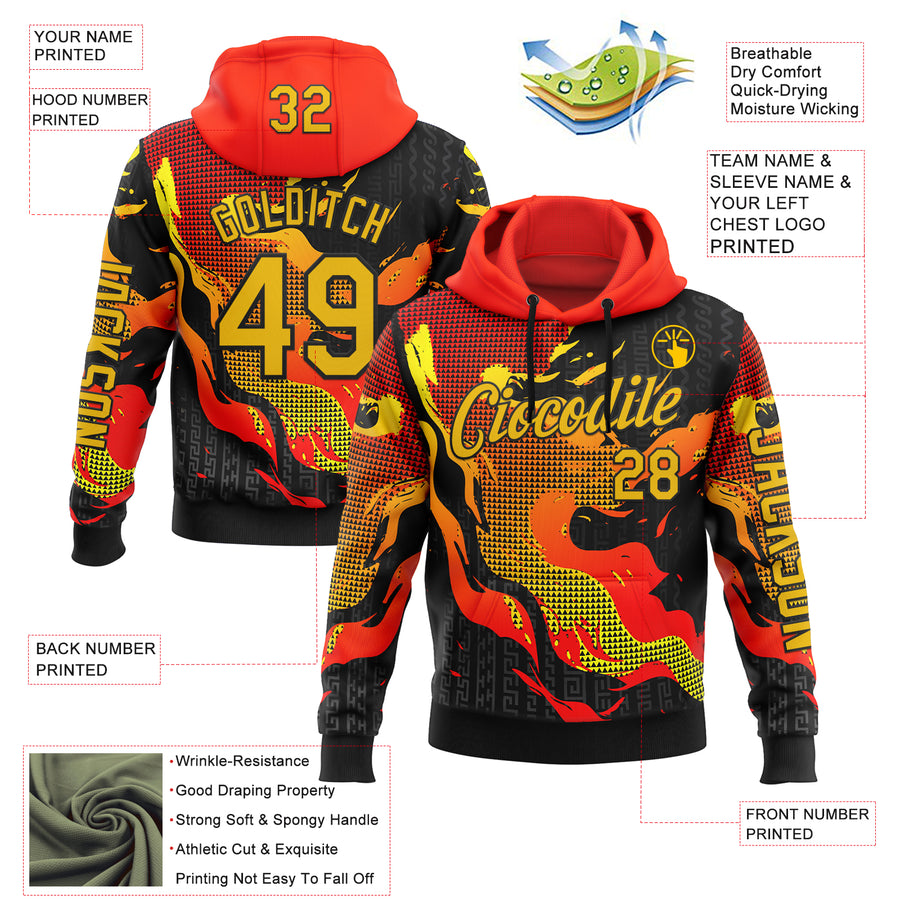 Custom Red Yellow-Black 3D Abstract Flame Sports Pullover Sweatshirt Hoodie