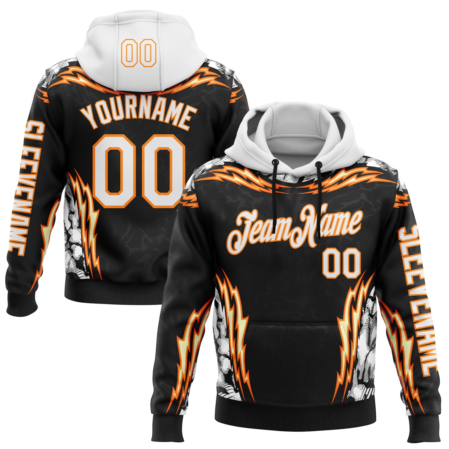 Custom Black White-Bay Orange 3D Abstract Flame Sports Pullover Sweatshirt Hoodie